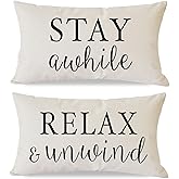 PANDICORN Decorative Throw Pillow Covers 12x20 Inch Set of 2 Stay Awhile Relax & Unwind Outdoor Modern Farmhouse Porch Patio Decorations Lumbar Cushion Cases for Home Living Room Sofa Couch Decor
