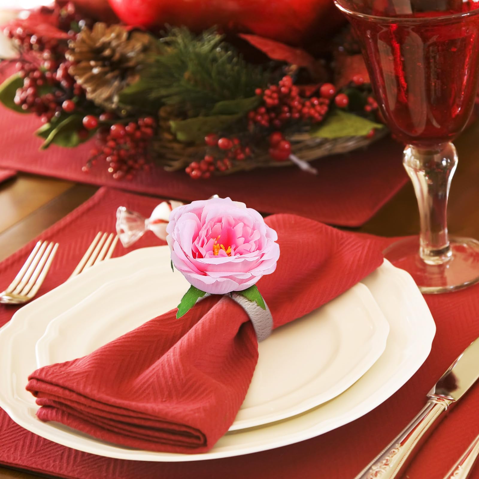 ULTECHNOVO Flower Napkin Rings Set - Napkin Rings Set of 6 - Handmade Rose Napkin Ring Burlap Cord Napkin Buckle for Graduation Holidays Wedding