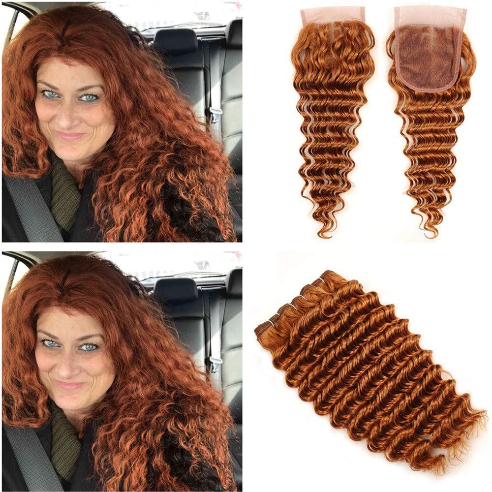Vaovos Hair #30 Auburn Human Hair Weaves With Lace Closure Bright Colored Hair Brazilian Virgin Hair