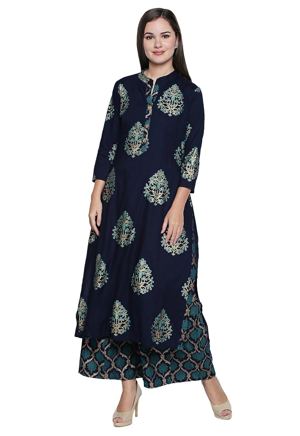 ishin viscose rayon navy blue printed a-line women's kurta & palazzos set