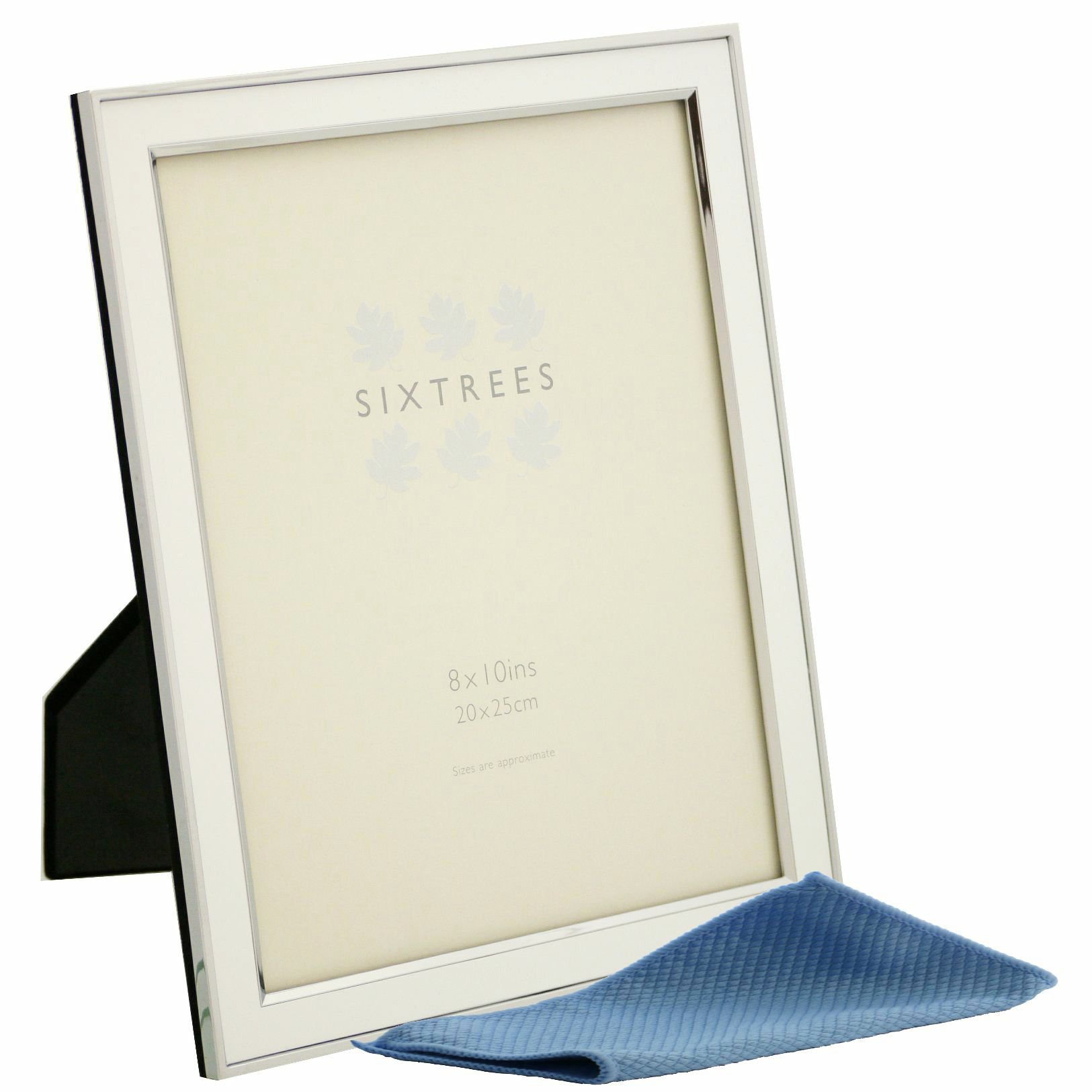Sixtrees Abbey White 2-103-80 Polished Silver photo frame with lacquered gloss white metal insert for a 10 x 8 inch photo. Complete with our microfibre polishing cloth.