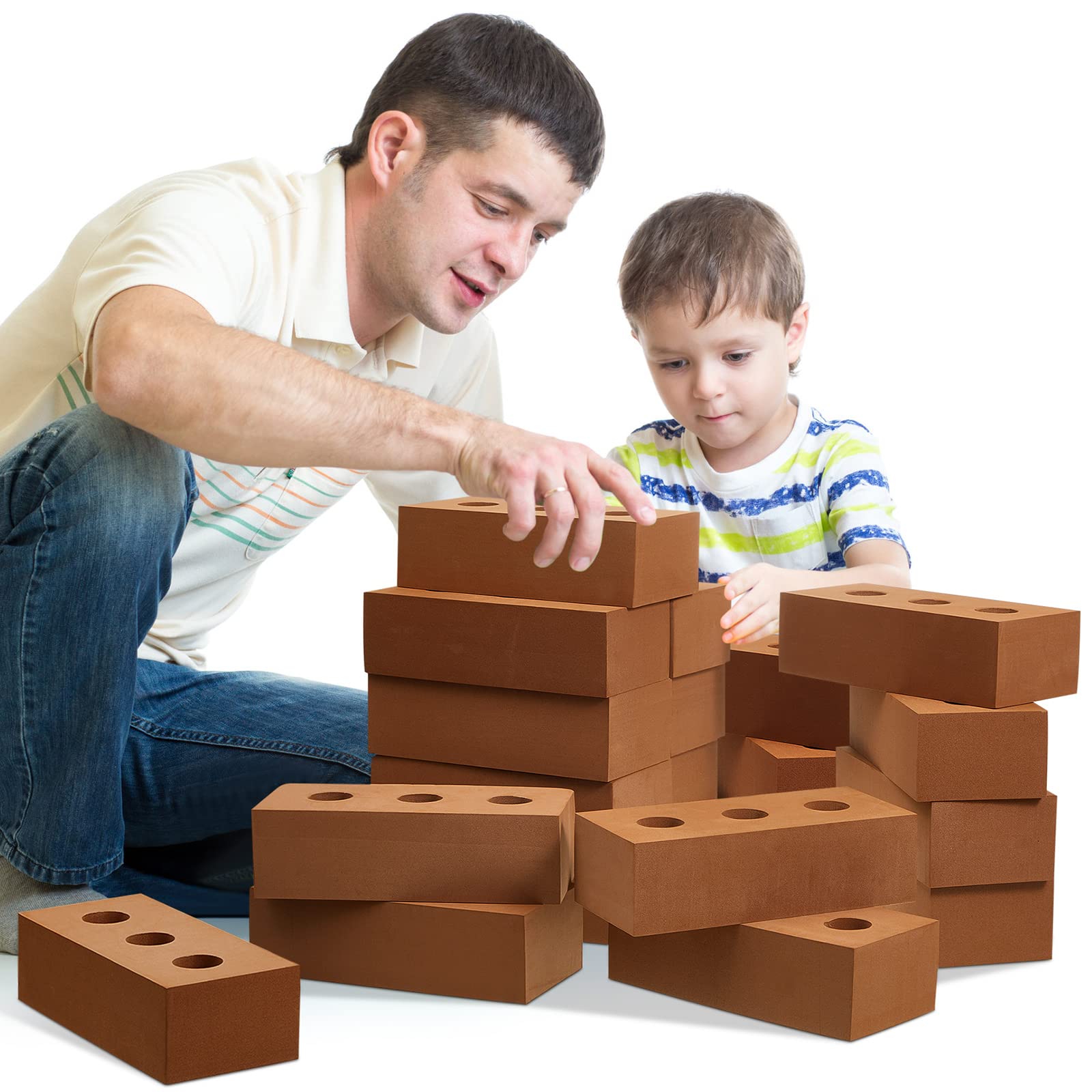 Deekin 30 Pcs Foam Brick Building Blocks for Kids Thick Blocks Foam Large Fake Brick Construction Toy for Stacking Construction, 8 x 4 x 2.4 in (Circle Holes)