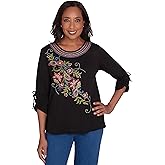 Alfred Dunner Harvest Moon Black with Center Embroidered Cotton/Polyester Top (US, Alpha, Medium, Regular, Regular, Standard, Black)