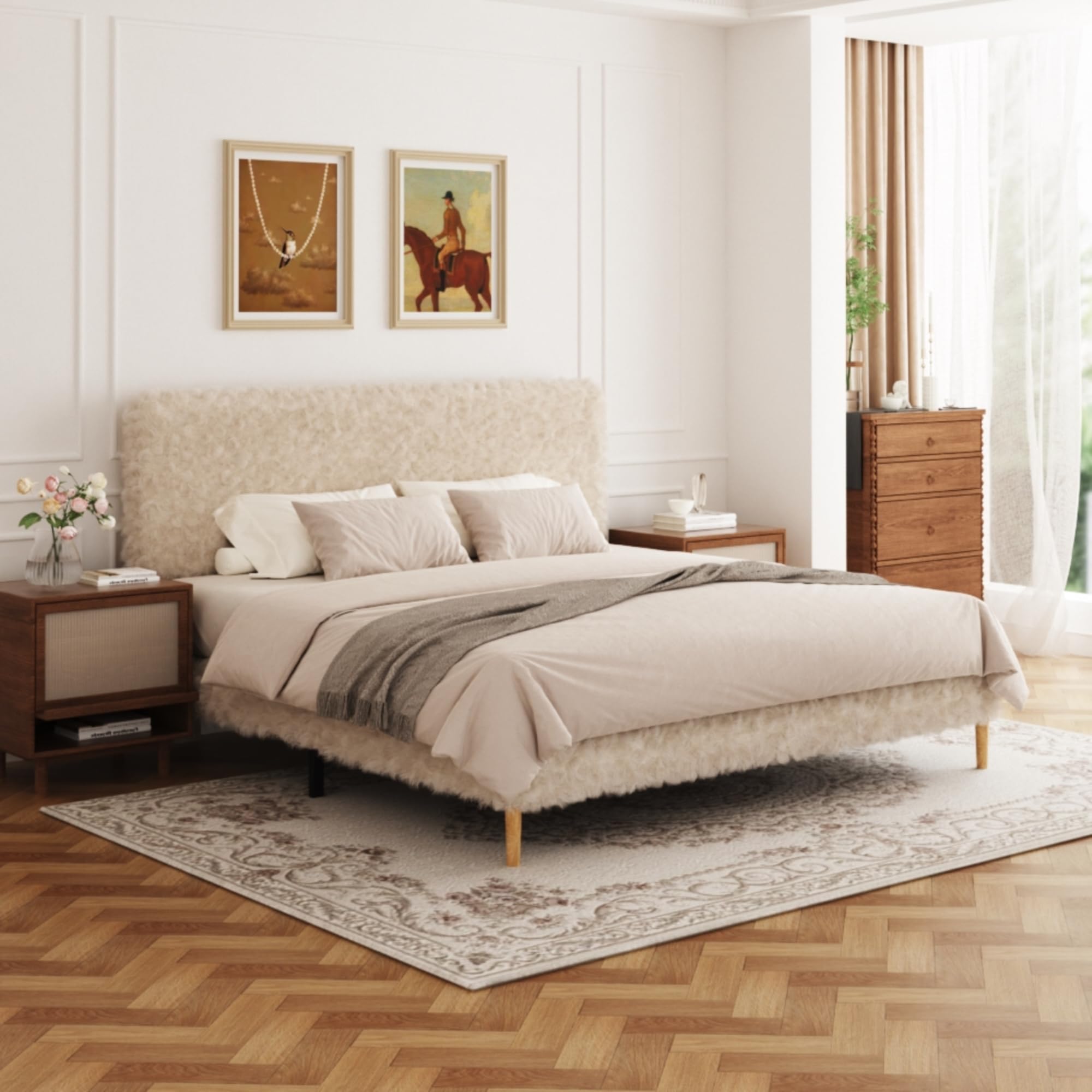 Photo 1 of ** NO RETURN *** viplov Queen Size Platform Bed Frame with Adjustable Headboard, Anti-Collision Soft Rounded Corners, Flannel, No Box Spring Needed, Easy Assembly, Noise Free, Cream