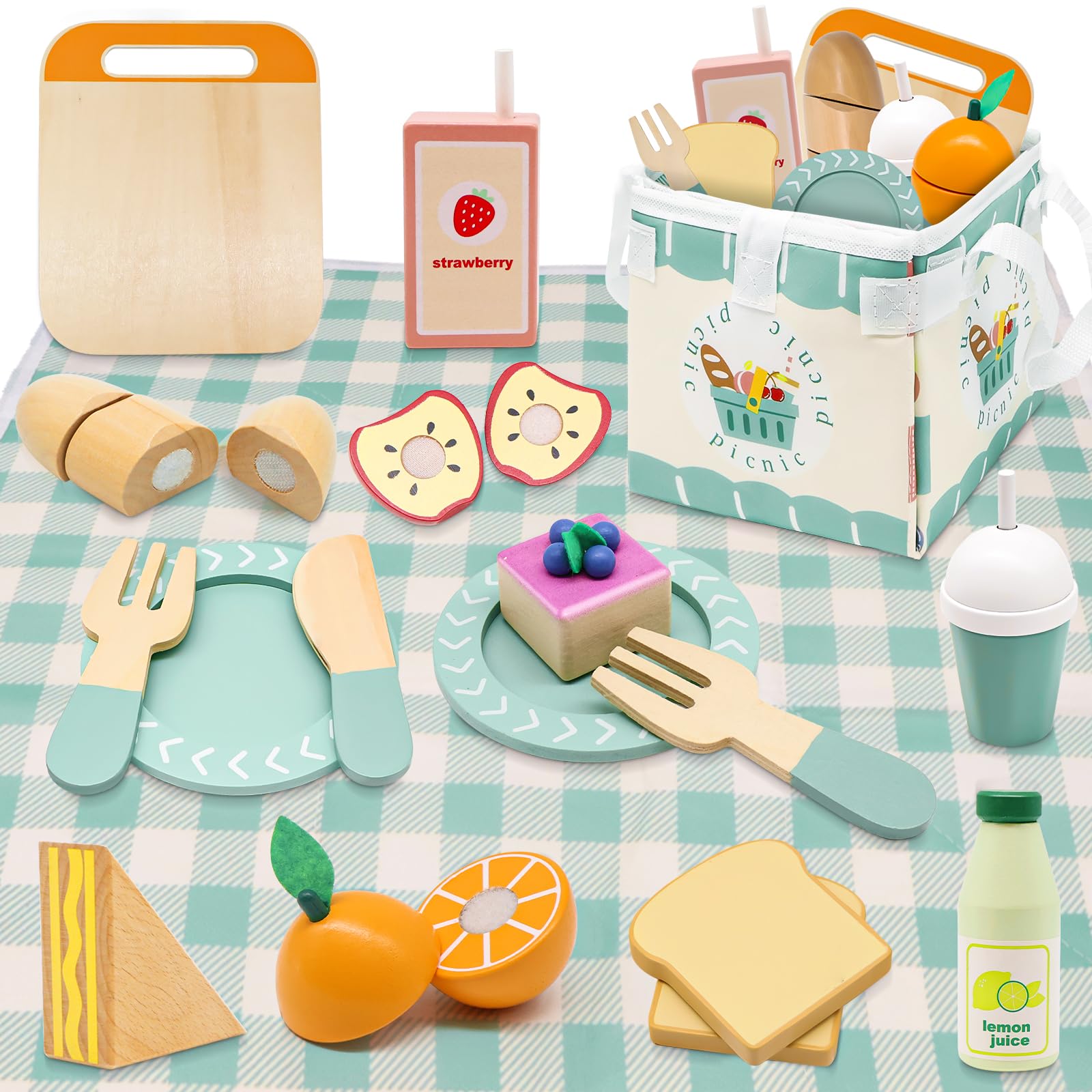 18PCS Kitchen Pretend Toy, Wooden Role Play Cutting Fruit Food Toy with Dessert, Juice, Foldable Picnic Basket, Educational Gift Toy for Kid Girl Boy Toddler Age 3 4 5 Outdoor Indoor