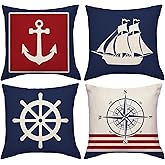 JAERUE Summer Nautical Throw Pillow Covers Anchor Sailboat Compass Rudder Coastal Ocean Decorative Pillow Cases Navy Blue Home Decor Cushion Covers 18x18 Inches 4Pack for Couch Sofa Porch (Navy/Red)