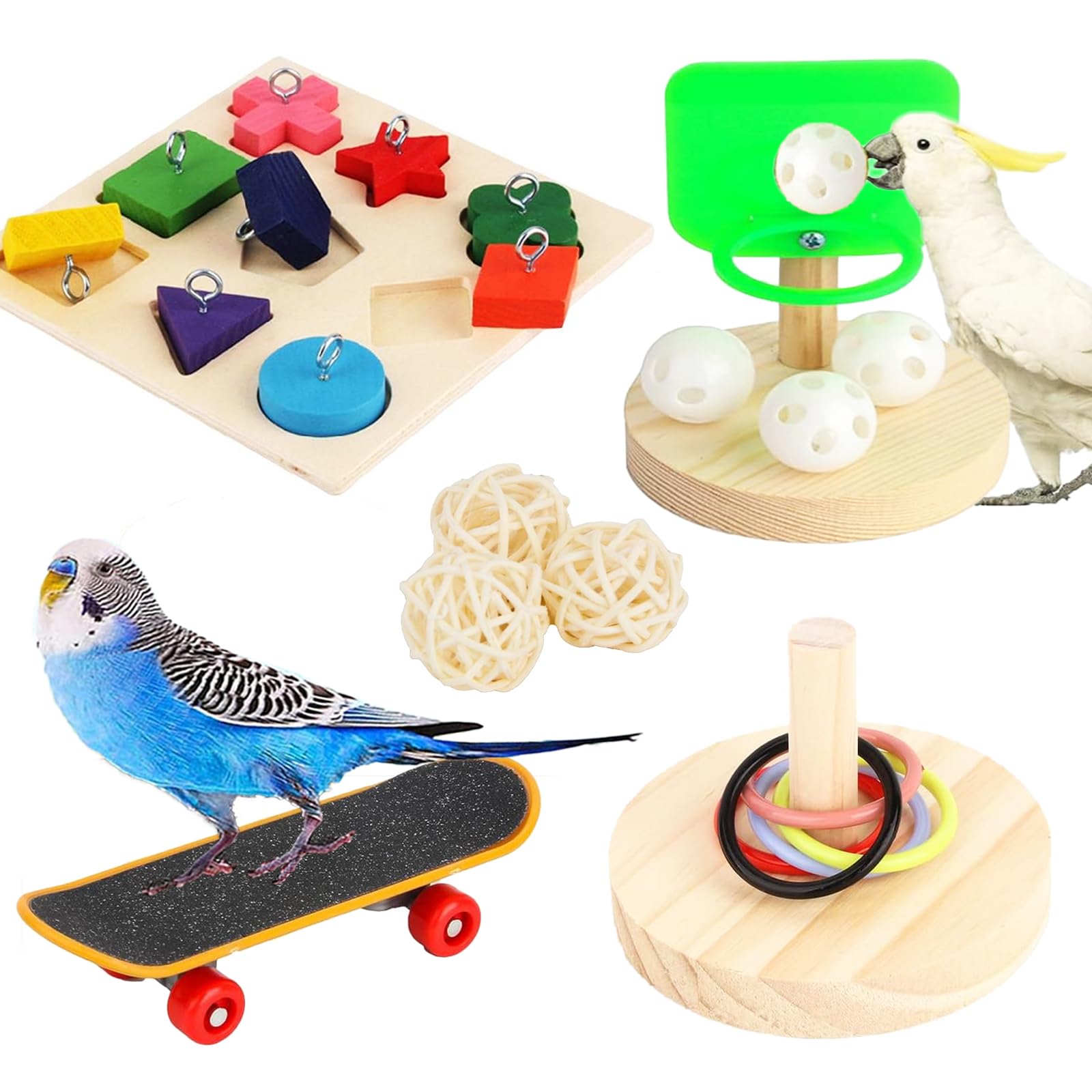 WishesMar 4 Pieces Parrot Toys Set Budgies Training Toy Bird Educational Interactive Toy Including Block Recognition Basketball Stacking Toy Skateboard for Cockatiel Parakeet — image 1