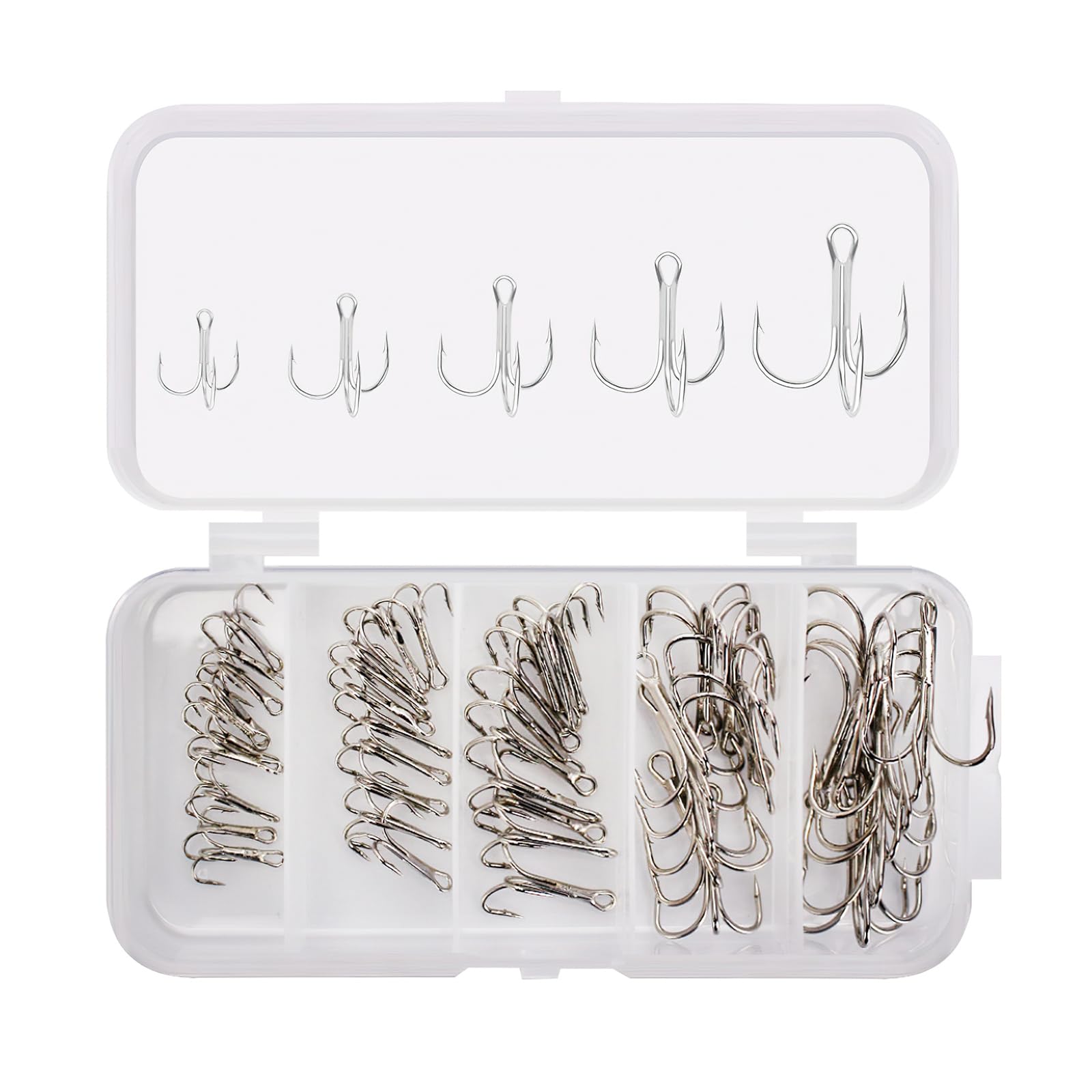 OriGlam 50pcs Fishing Treble Hooks Kit, High Carbon Steel Fishing Hook, Strong Sharp Round Bend Treble Hook 2# 4# 6# 8# 10# for Freshwater Saltwater