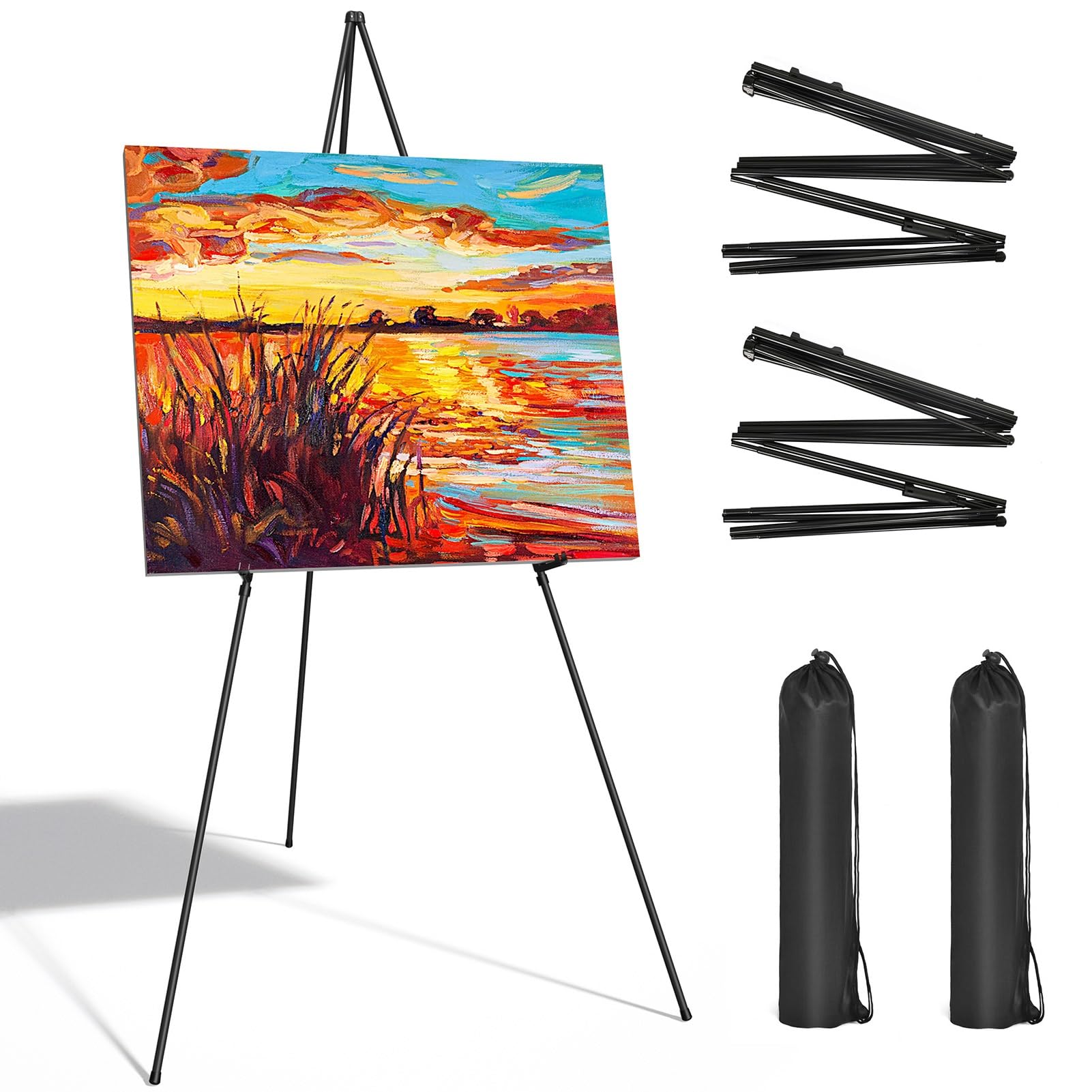 Photo 1 of SunyesYoon Display Black Easel Stands - 63" Artist Instant Tripod Collapsible Portable Floor Easels - Adjustable Art Poster Easy Folding Metal Stand for Display Show, Wedding, Painting - 2pack