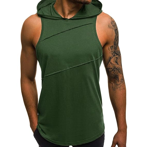 Buy Men's Fashion Workout Hooded T-Shirt - Cut Off T-Shirt Sleeveless Gym Tank Tops Green at 