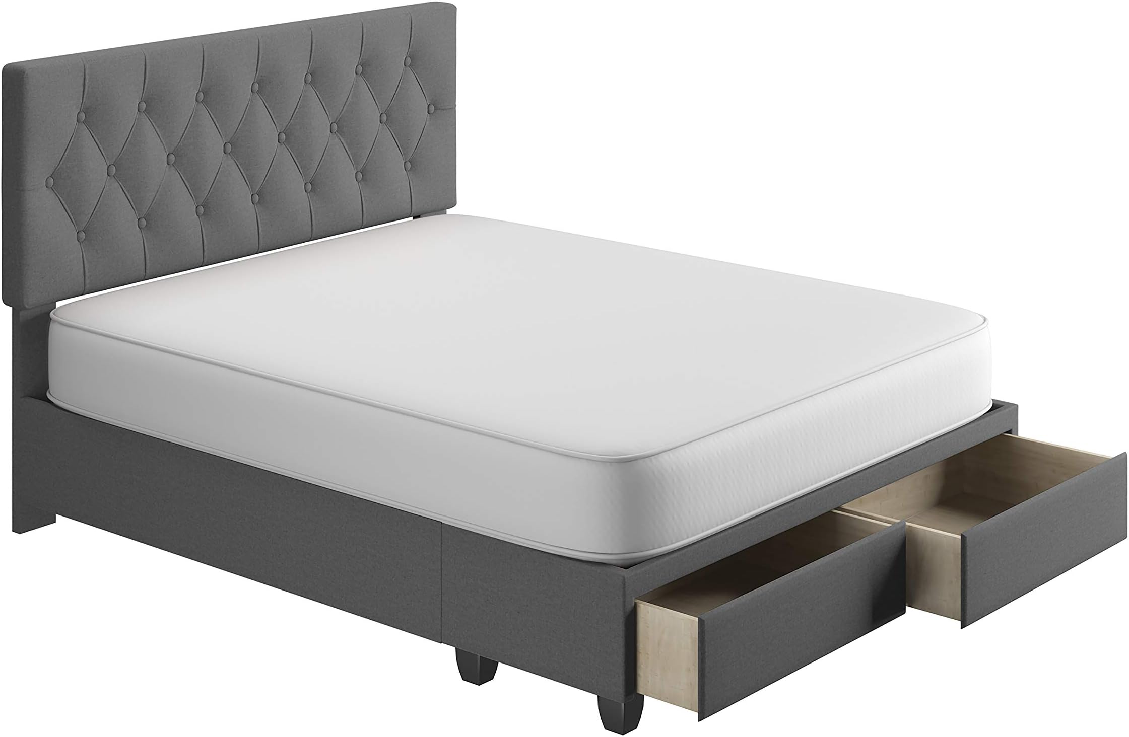 Boyd Sleep Salerno Upholstered Platform Bed Frame Mattress Foundation with Headboard, Dual Front Storage Drawers, and Strong Wood Slat Supports: Button Tufted Linen, Dark Grey, Queen