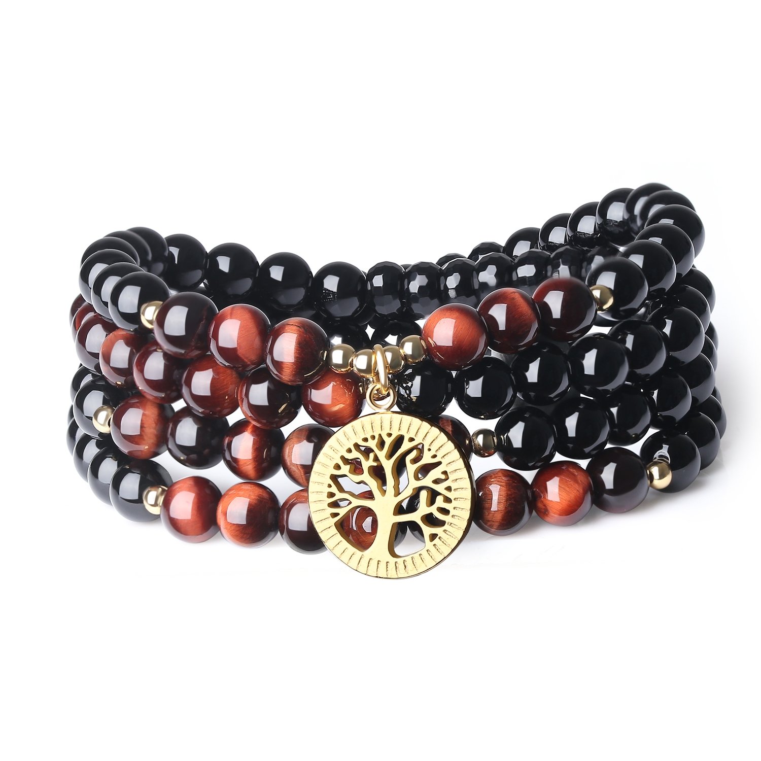 COAI Tree of Life Necklace 108 Mala Beads Prayer Wrap Bracelet Necklace, Onyx Tiger Eye