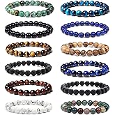 FIRAZIO 12Pcs 8mm Gemstones Beaded Stretch Bracelet for Women Crystal Stone Bracelets Round Beads Semi-Precious Stretch Bracelet Set Unisex