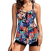 Kate Kasin Tankini Swimsuits for Women 2025, Two Piece Tummy Control Bathing Suit, Floral Flowy Swim Tops with Short Swimwear