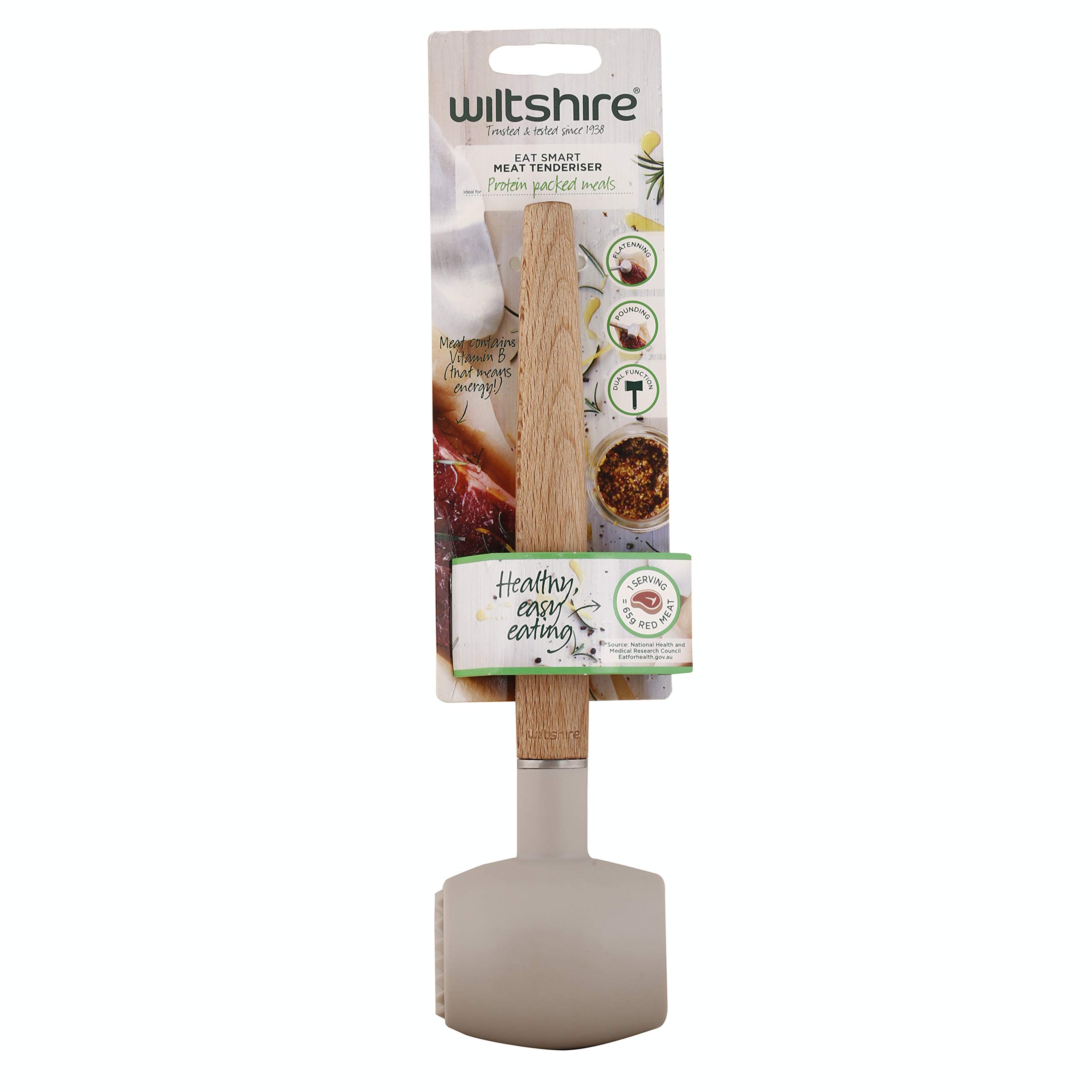 Wiltshire EAT Smart Meat Tenderiser, Double Sided Meat Mallet, Non-Stick Plastic Heat Resistant Function Head, Natural Beech Wood Handle, 30.5x7x5.5cm, Brown & Neutral