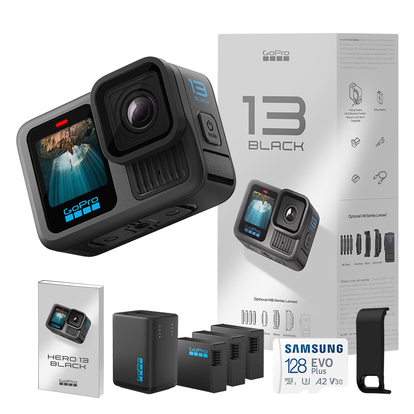 【GoPro公式ストア限定】 GoPro HERO13 Black + デュアルバッテリーチャージャー + Enduroバッテリー 3個 + 認定SDカード + 充電口付サイドドア 5.3K 60fps 10bit HLG-HDRビデオ 400fps 13倍スローモーション 【国内正規品】