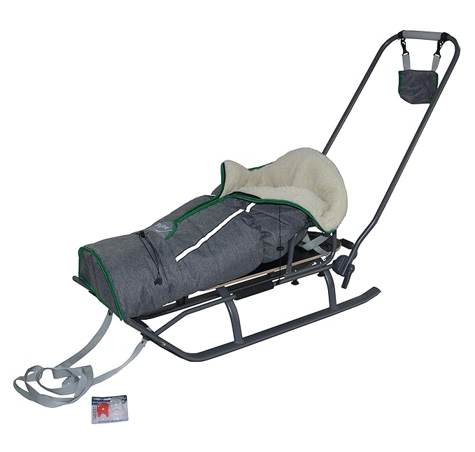 3in1 Sport Kinder Schlitten mit Rückenlehne, Fusssack, Schiebegriff und Gurt aus Aluminium