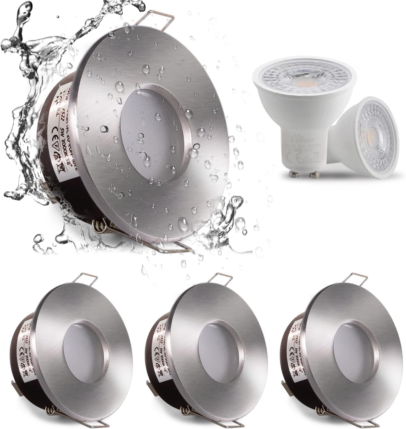 4xSweier LED IP65 Waterproof Recessed Spotlight with GU10 Base for Bathroom and Kitchen Spotlight, 5W Warm White 3000K 450LM Ceiling Downlight, Not Dimmable