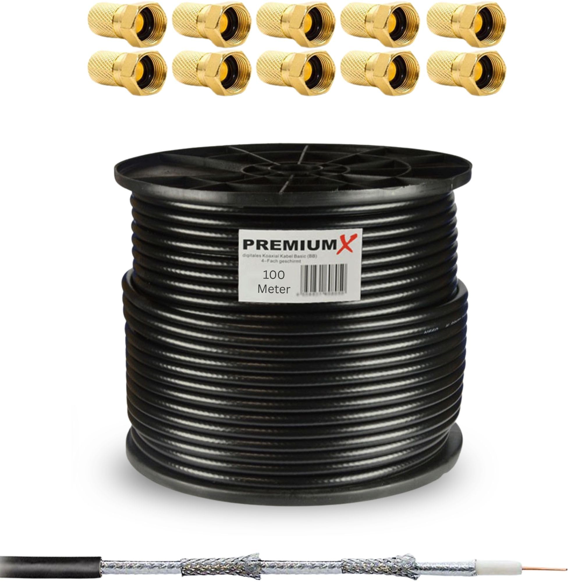 PremiumX DELUXE PRO 100m coaxial cable BLACK 135dB 5-way shielded pure copper 100 meter SAT antenna cable with 10x F connector 8.0mm in color"GOLD" FREE OF CHARGE
