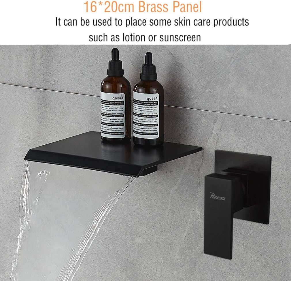 PHASAT Black Wall Mounted Bath Taps Brass Waterfall Basin Mixer Taps with 20cm Wide Spout Bath Filler Taps BB02E - Image 4