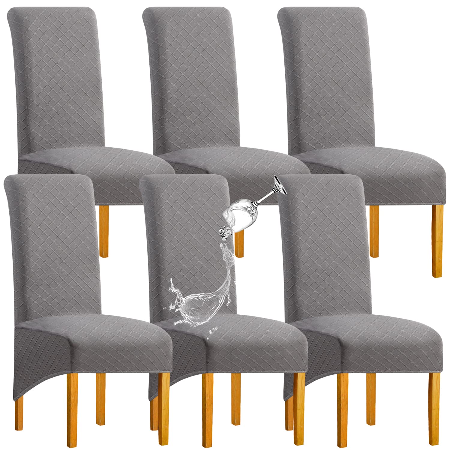 SHENGYIJING XL Size Chair Covers Stretch Spandex Waterproof Dining Chairs Covers Set of 6, Jacquard Large Chair Slipcovers for Dining Room, Light Gray