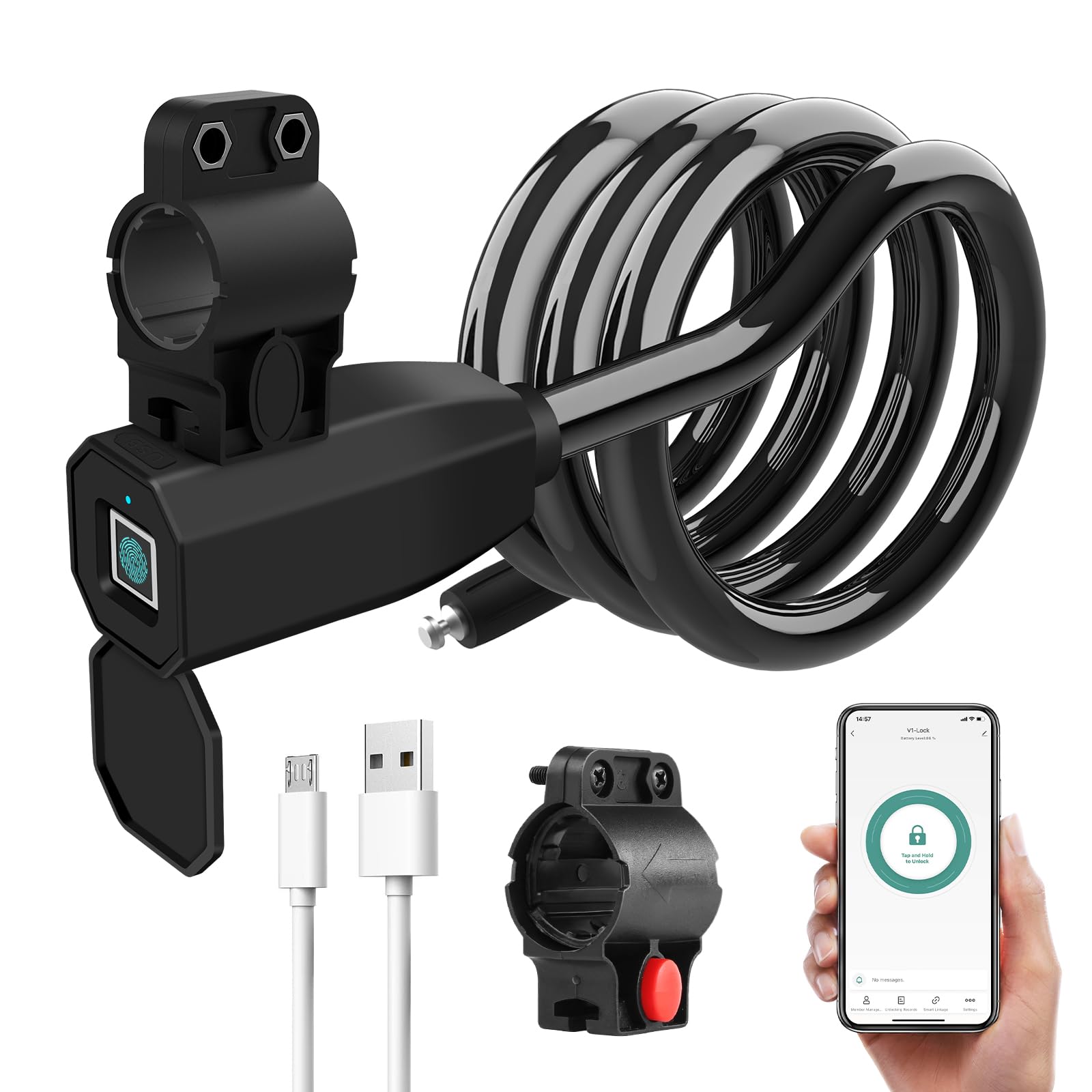 BlumWay Bike Lock, Smart Digital Fingerprint, 1.5 m keyless Stainless Steel Cable Bicycle Lock, Waterproof, Anti-Theft, Rechargeable Micro USB, Aluminum case