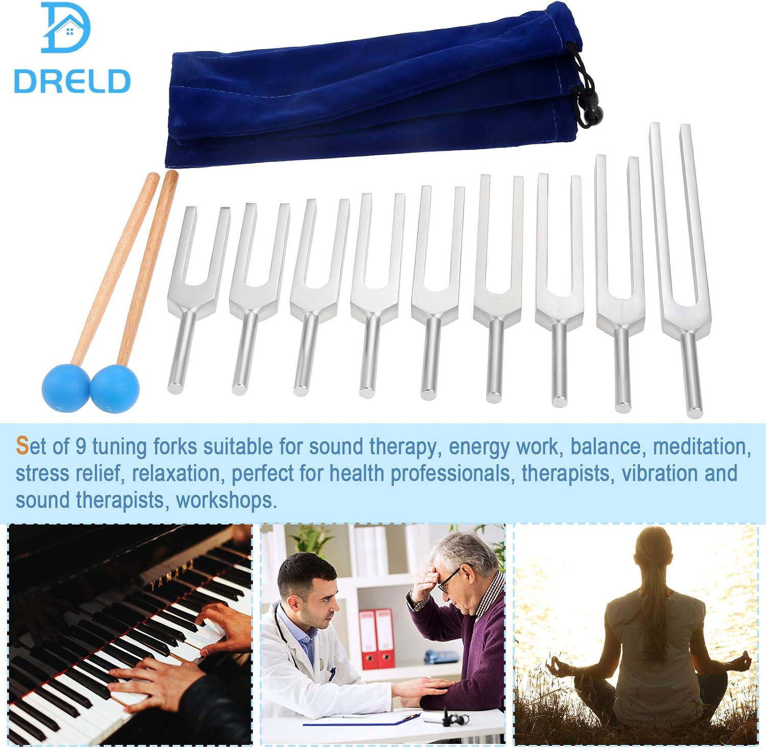 Dreld 9 Solfeggio Tuning Forks Kit, Healing Forks with Silicone Hammer and Bag for DNA Repair Healing Sound Therapy - Image 4
