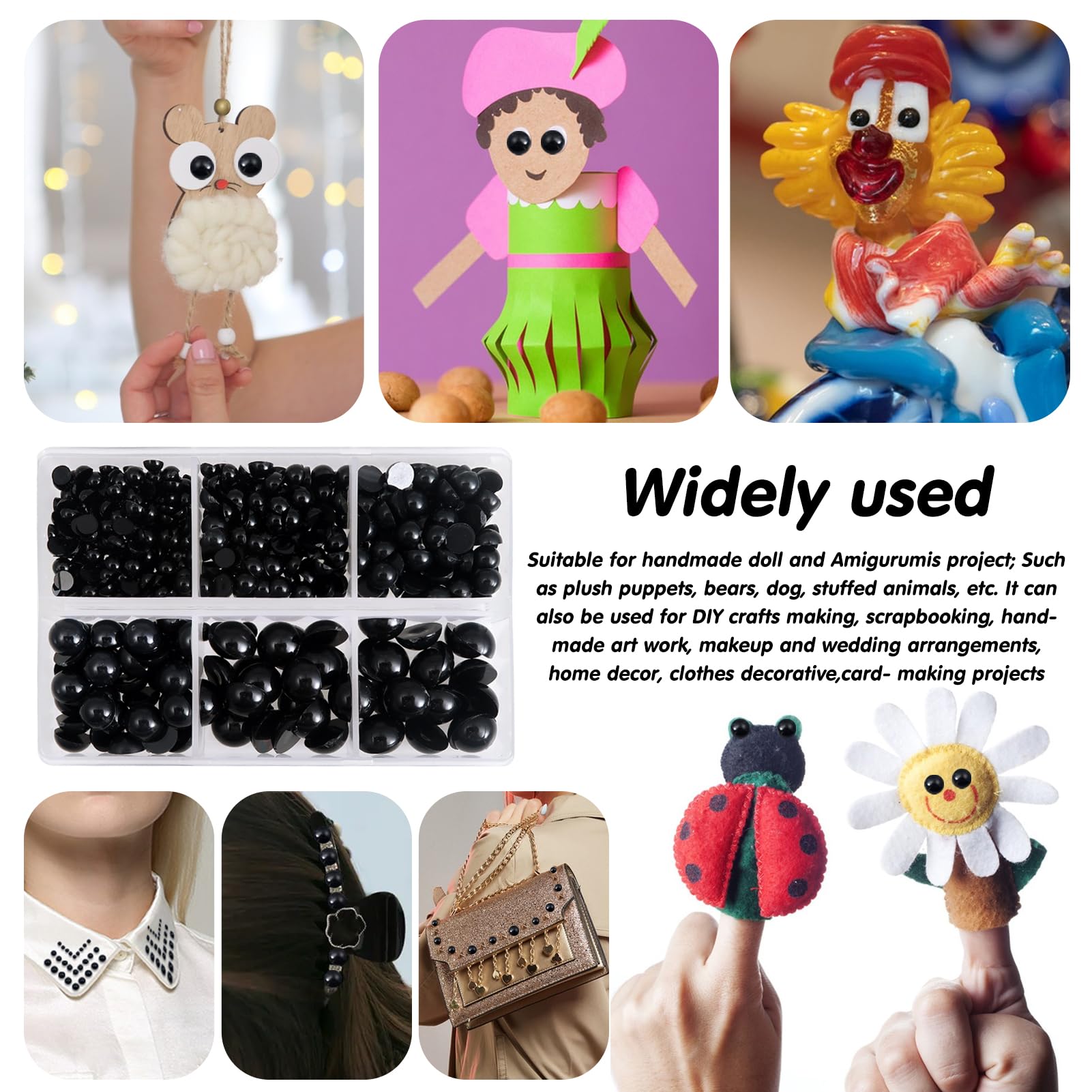 TOAOB 830pcs Round Black Plastic Doll Amigurumis Eyes 4mm 5mm 6mm 8mm 10mm Flatback Cabochon Button Craft Eyeball Beads for Stuffed Animals Crochet Crafts Making