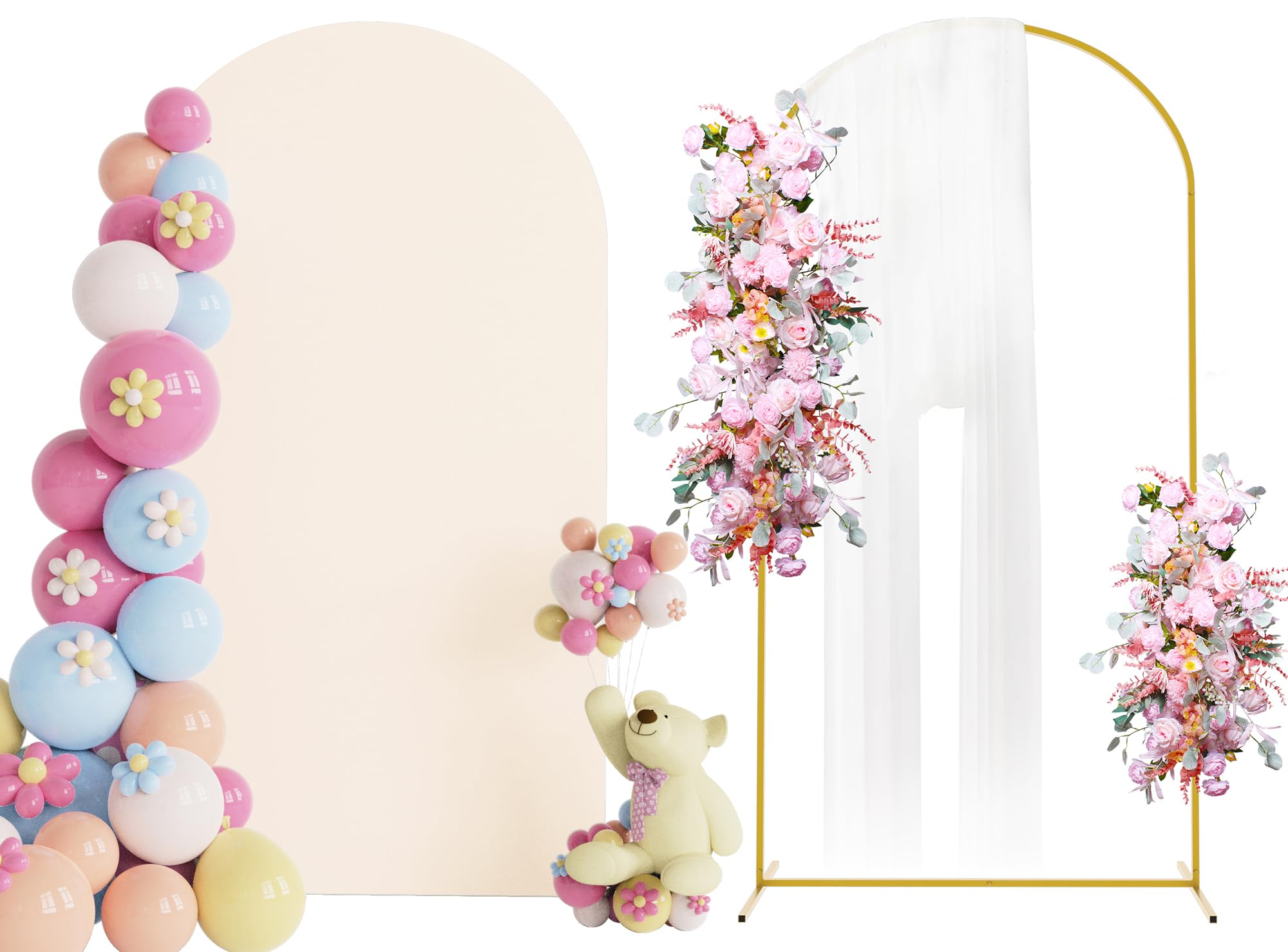 Photo 1 of Putros 7.2ft Metal Arch Stand with Cover Beige Spandex Fitted Wedding Arch Cover and Round Top Chiara Backdrop Stand Set for Birthday Party Baby Shower Decoration