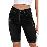 Metietila Women's High Waisted Bermuda Denim Shorts Folded Hem Elastic Waist Stretchy Jean Shorts