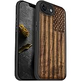 Carveit Magnetic Wooden Case for iPhone 16e 2025, Solid Wood & Black TPU, Artisan Engraved Design, Shockproof Cover, Compatible with MagSafe Wireless Chargers, American Flag - Walnut