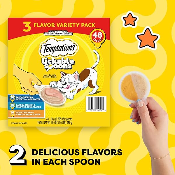 TEMPTATIONS LICKABLE SPOONS, SOFT LICKABLE CAT TREATS, ADULT WET CAT TREATS, VARIETY PACK, 48 SPOONS