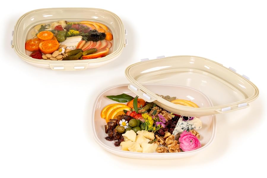 Crudités | Portable Snack Tray | Square 2-Pack | Cream White | Reversible Stretch Lid Food Containers | BPA-Free, Freezer & Dishwasher Safe | Meal-Prep, Charcuterie, Salads, Picnic, Travel