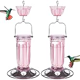 Kingsyard 2 Pack Glass Hummingbird Feeder for Outdoors, 16 Oz Wild Bird Feeder with 6 Feeding Ports Hanging for Garden Yard, Pink (Ant Moat Included)
