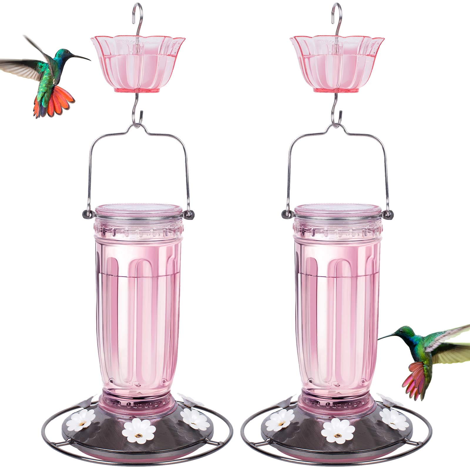 Kingsyard 2 Pack Glass Hummingbird Feeder for Outdoors, 16 Oz Wild Bird Feeder with 6 Feeding Ports Hanging for Garden Yard, Pink (Ant Moat Included) Image