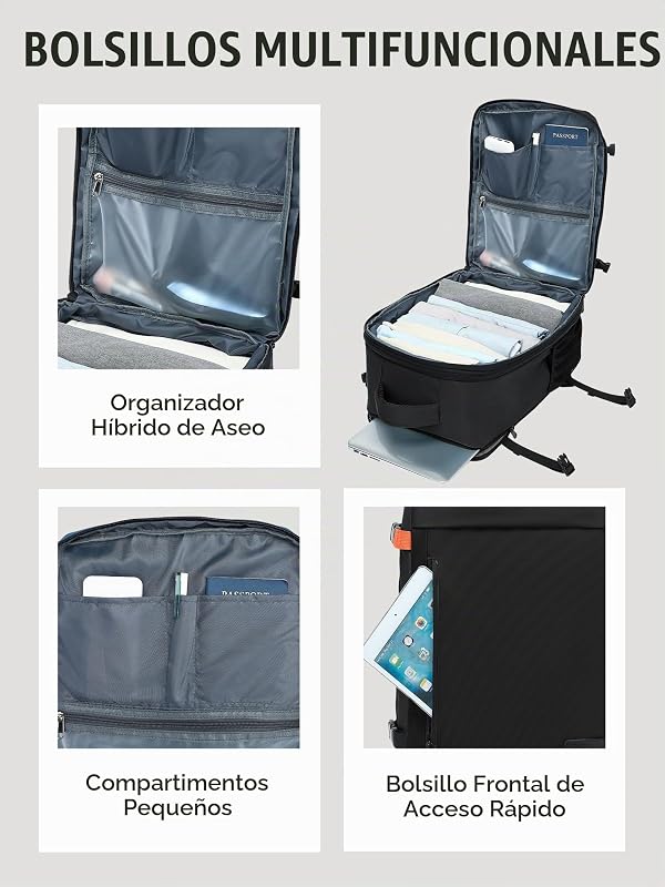 Mochila 40x30x20 para Ryanair expande para 40x30x25