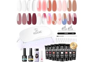 ROSALIND Poly Nail Gel Kit -8 Colors + White Brown Accessories Clear Nude Poly Nails Gel Starter Kit With Slip Solution Nude Pink Extensions Set with Mini UV Lamp
