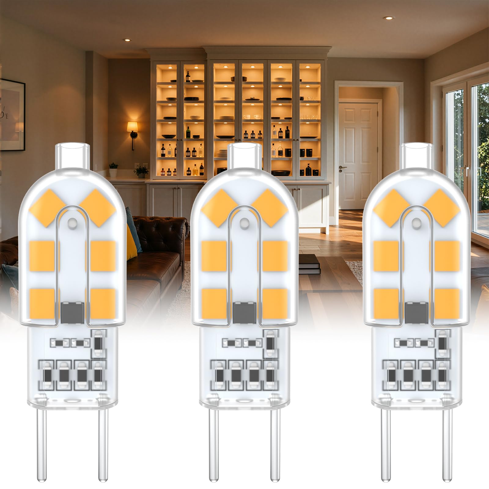 Noobibaba GY6.35 LED 12V, G6.35 T4 JC Type Bi-Pin Base Warm White 3000K, 15W Halogen Replacement for Home Kitchen Light, 1.5W Non-Dimmable 3-Pack