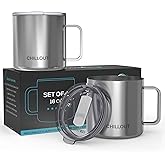 CHILLOUT LIFE Stainless Steel Vacuum Insulated Coffee Mug 16 oz (Set of 2) with Handle and Lid, Large Thermal Camping Coffee Mugs with Sliding Lid for Men & Women, Keeps Your Beverages Hot & Cold