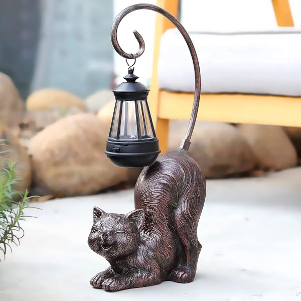 HAPYARD SOLAR CAT FIGURINE, 15.7 INCHES TALL LED WATERPROOF ANTIQUE BRONZE RESIN STATUE, AUTO ON/OFF AT DUSK FOR CAT LOVERS OR MEMENTO GIFT OUTDOOR DECOR