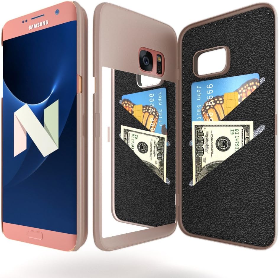 Galaxy S7 Wallet Case with Mirror,Samsung Galaxy S7 Case Card Key Slot Holder Kickstand Back Cover,Creative Design for Galaxy S7 5.1 inch-Rose Gold