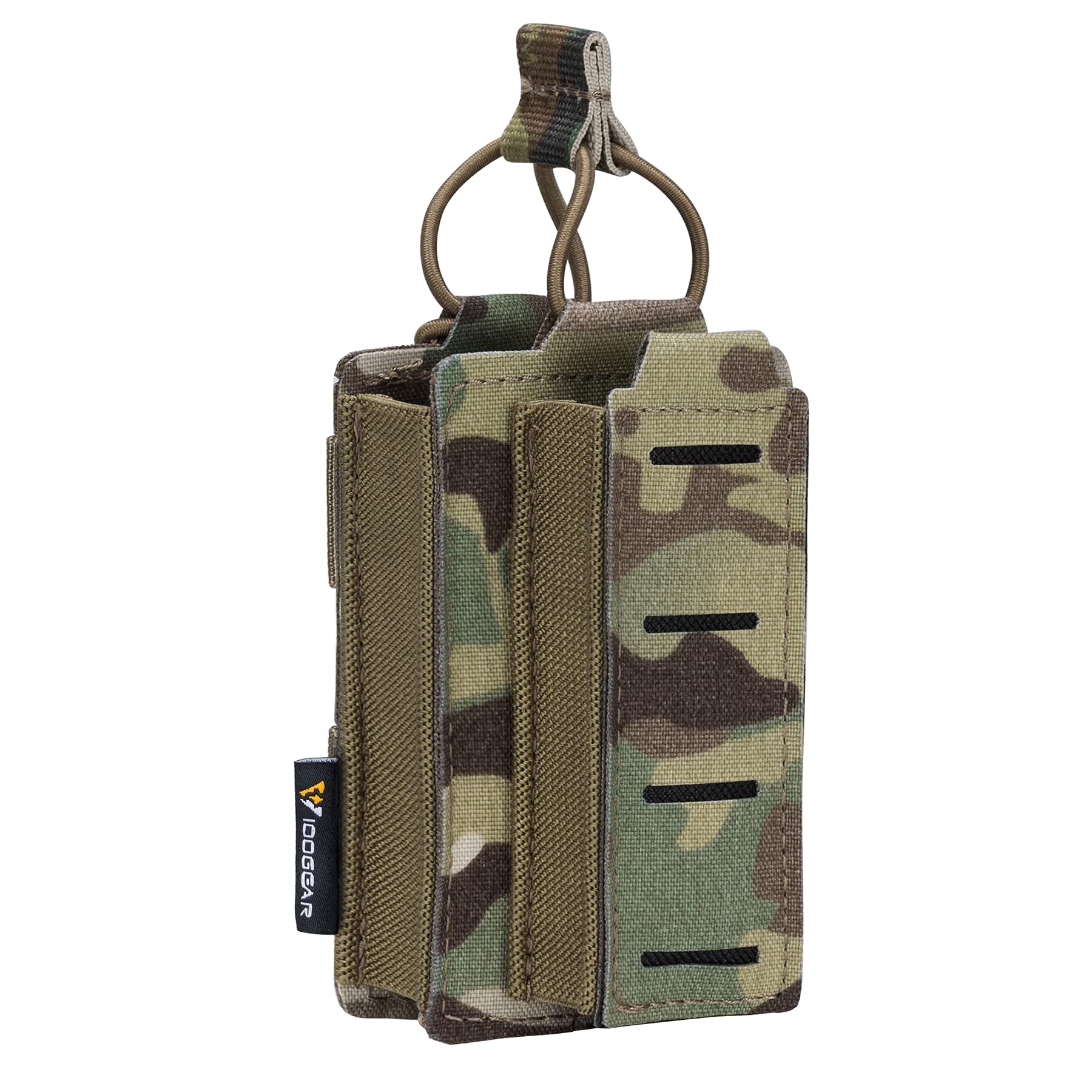 IDOGEAR Single Mag Pouches 5.56mm & 9mm Kangaroo Magazine Pouch Elastic Tactical Open Top MOLLE Pouch for Rifle and Pistol M4 M16 AR 5.56 9mm .40 S&W .45 ACP Magazines Laser-Cut Style (camo)