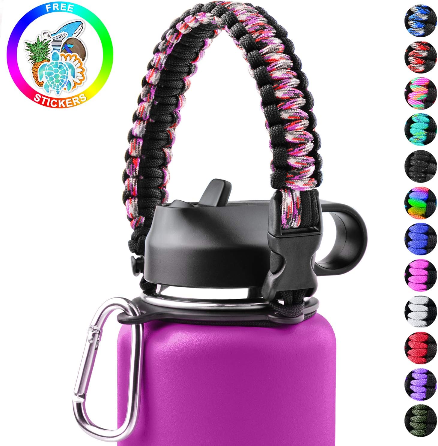 Sunnywoo Paracord Handle for Hydro Flask and Other Wide Mouth Bottles,Water Bottle Handle Strap with Safety Ring Holder and Carabiner for Hydro Flask Wide Mouth Water Bottles 12oz to 64 oz