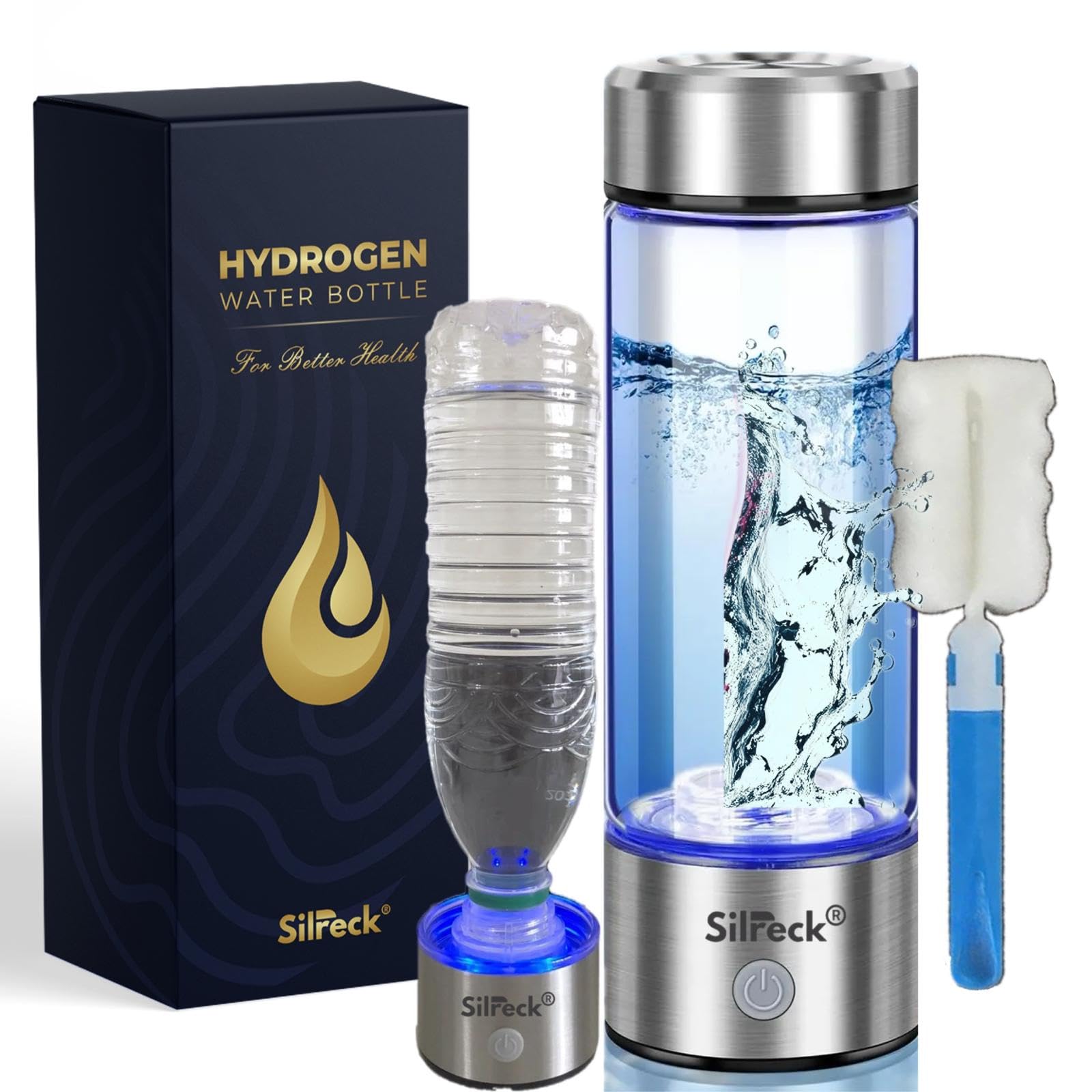 Silreck Premium Hydrogen Water Bottle - 450ml Up To 4000 PPB | Mineral Water bottle Compatible-Hydrogen Water Generator | BPA-Free hydrogen bottle Rechargeable, With Cleaning Brush