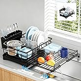 DRGIULOI Expandable Dish Drying Rack for Kitchen Counter, Large Capacity Dish Rack with 360&deg; Rotatable Drain Spout &amp; Utensil Holder, Stainless Steel Dish Drainer for Kitchen Sink, Black