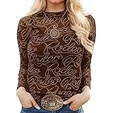 Urchics Womens Mock Neck Mesh Tops Western T Shirts Long Sleeve Layering Tops See Through Trendy Outfits Going Out Tops