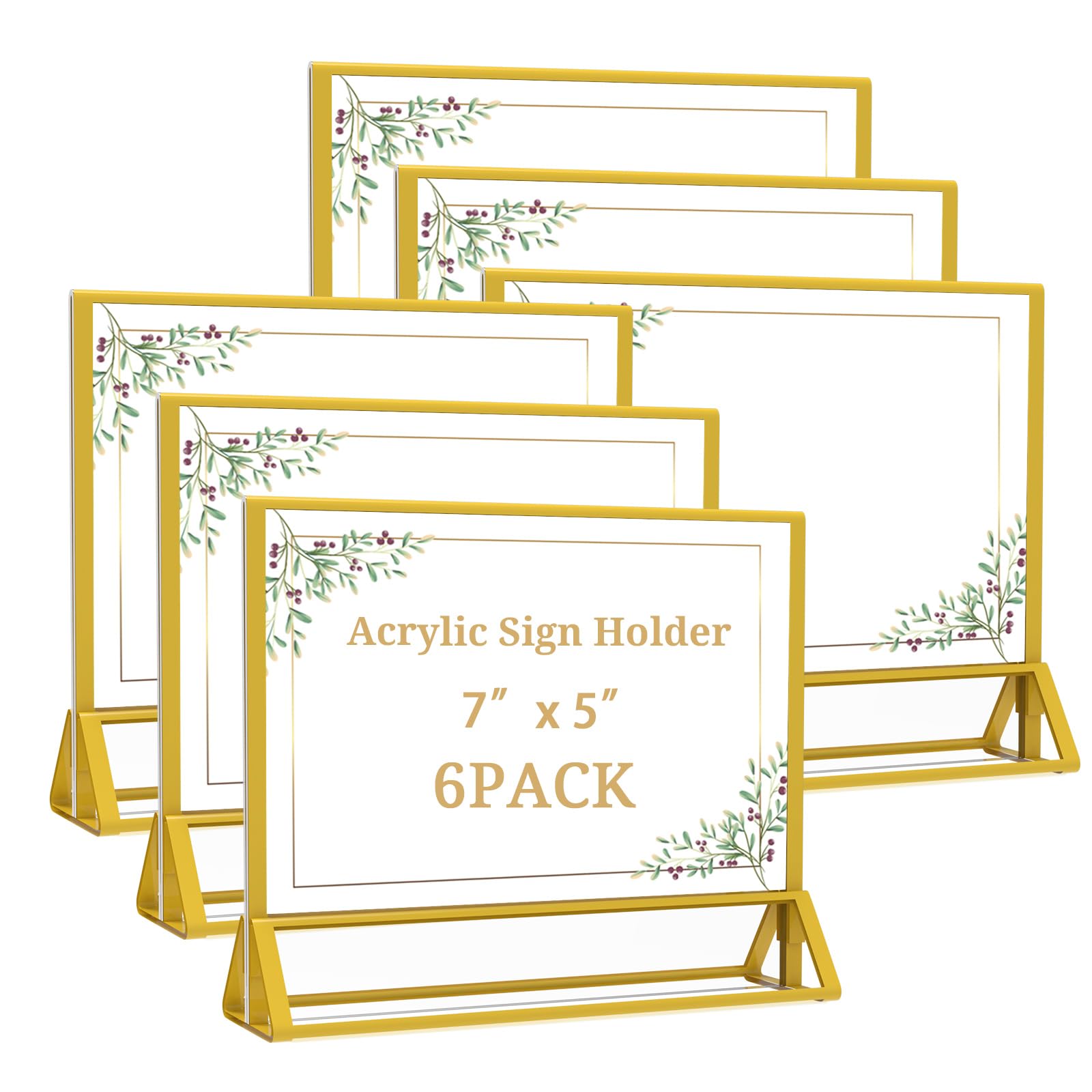 Photo 1 of PPH-Sisy Clear Acrylic Sign Holder 7x 5 Horizontal Double Sided Gold Frame Flyer Holder for Wedding Table Number Menu Holder (6pcs)