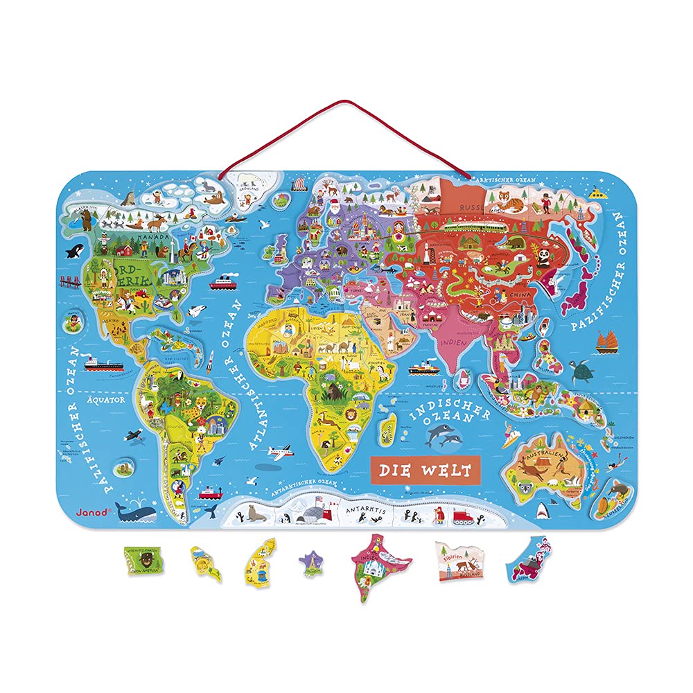 Janod J05490 Wooden Magnetic World Map Puzzle 92 pieces, German Version โ image 1