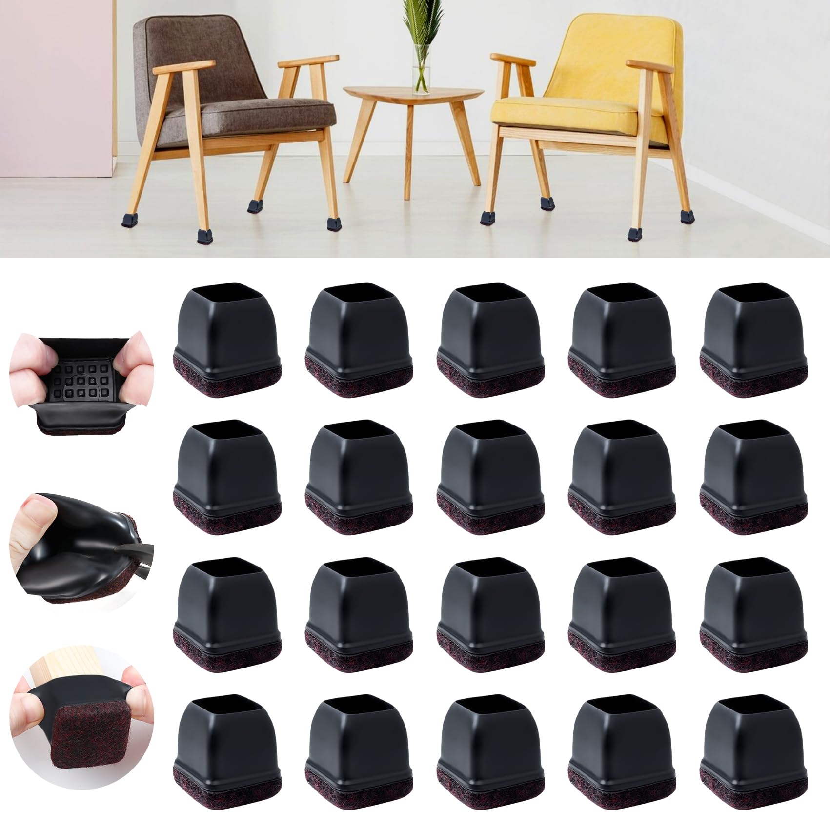 Ezprotekt Chair Leg Covers, 16PCS Small Silicone Leg Floor Protectors, Black Chair Leg Caps, Felt Bottom Soft Thermo Plastic Elastomer Furniture Leg Feet Covers No Scratches (Fit 1-1.2", Square)