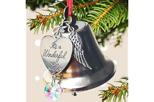LEJHOME It's a Wonderful Life Christmas Bell Ornament, Stainless Steel Christmas Ornaments for Christmas Tree Wedding Anniversary Decoration Pendants with Angel Wings and Crystal Charm